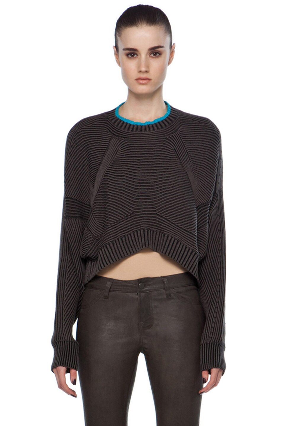 Image 1 of Alexander Wang Bi-Color Rib Long Sleeve Sweater in Black & Fatigue