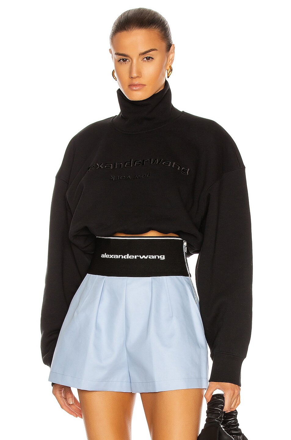 Image 1 of Alexander Wang Embroidered Cropped Mock Neck Sweatshirt in Black