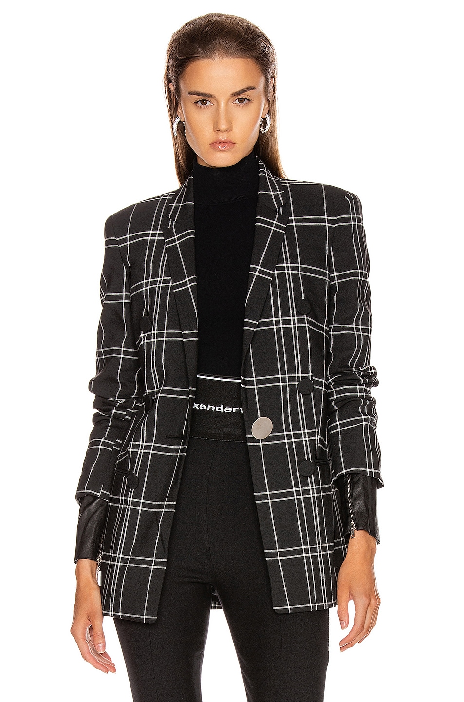 Image 1 of Alexander Wang Peaked Lapel Blazer with Leather Sleeves in Black & White Windowpane
