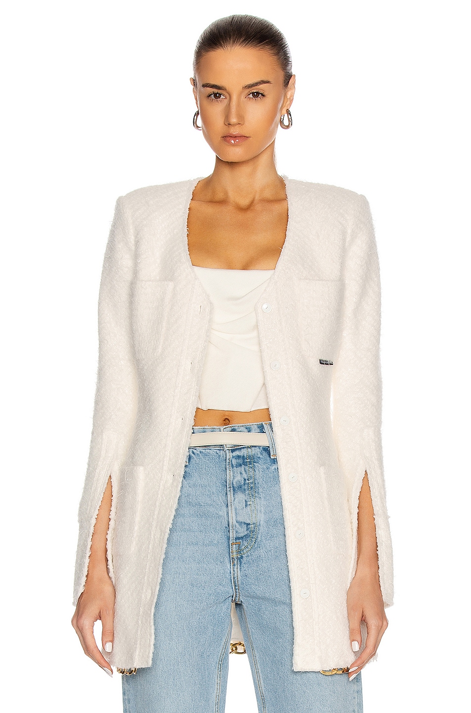 Image 1 of Alexander Wang Long Chain Hem Fitted Shirt Jacket in Ivory