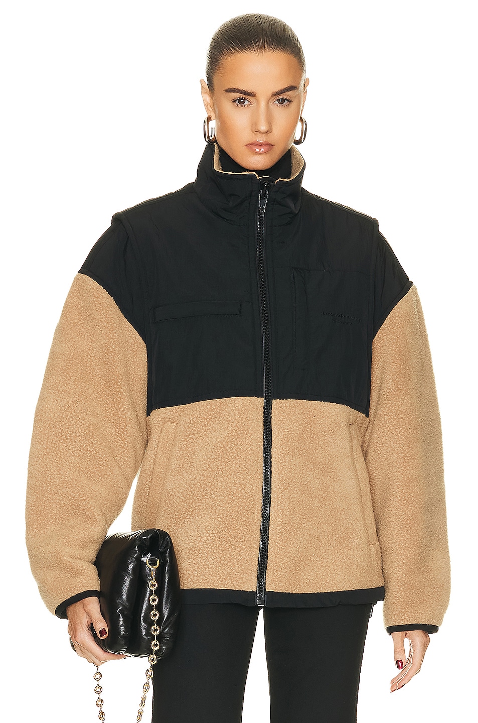 Image 1 of Alexander Wang Oversized Fleece Jacket in Camel & Black