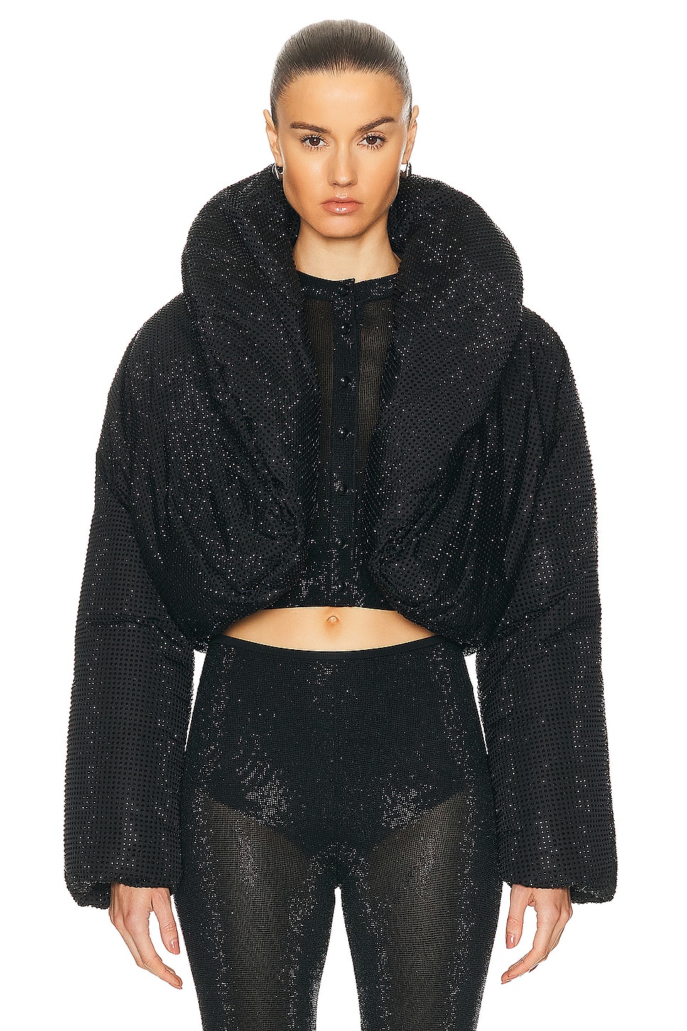 Image 1 of Alexander Wang Cropped Puffer Jacket With Allover Hotfix in Black