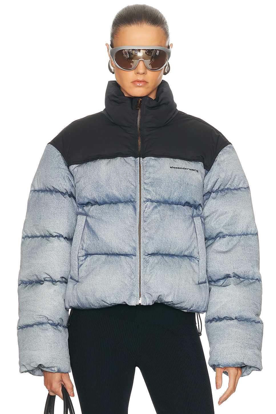 Image 1 of Alexander Wang Trompe Loeil Denim Puffer Jacket in Light Distressed Blue & Black
