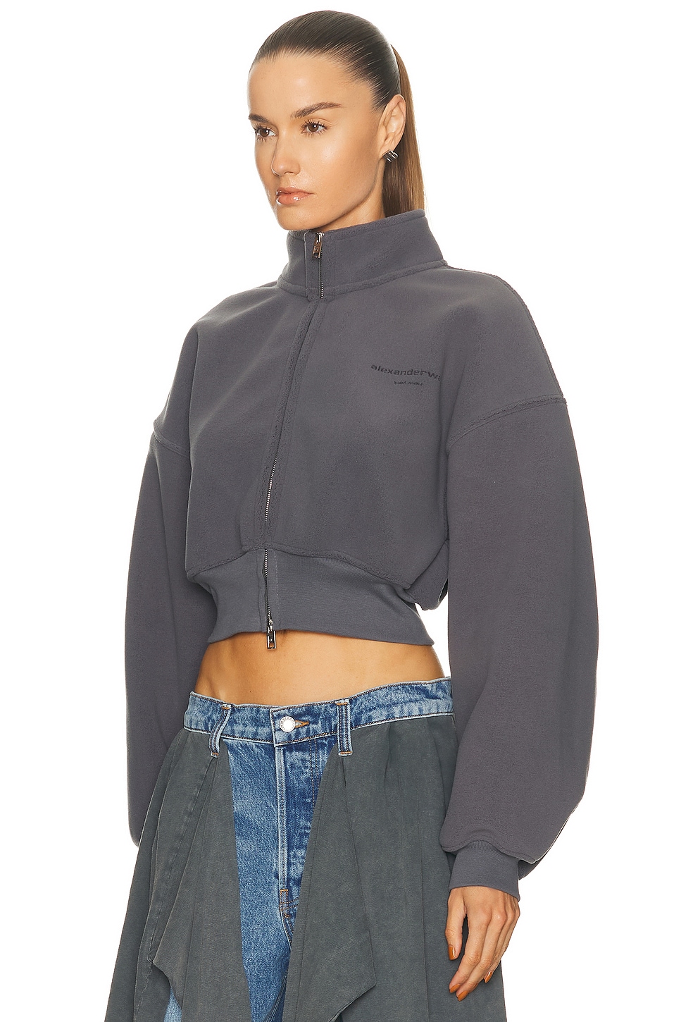 Alexander Wang Cropped Mock Neck Zip Up Jacket In Gray