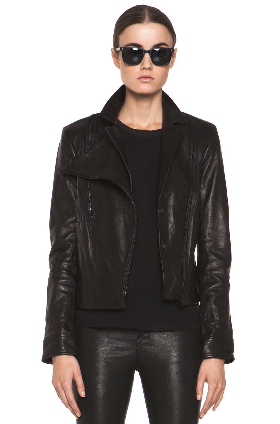 Image 1 of Alexander Wang Double Zip Hybrid Leather Jacket in Black