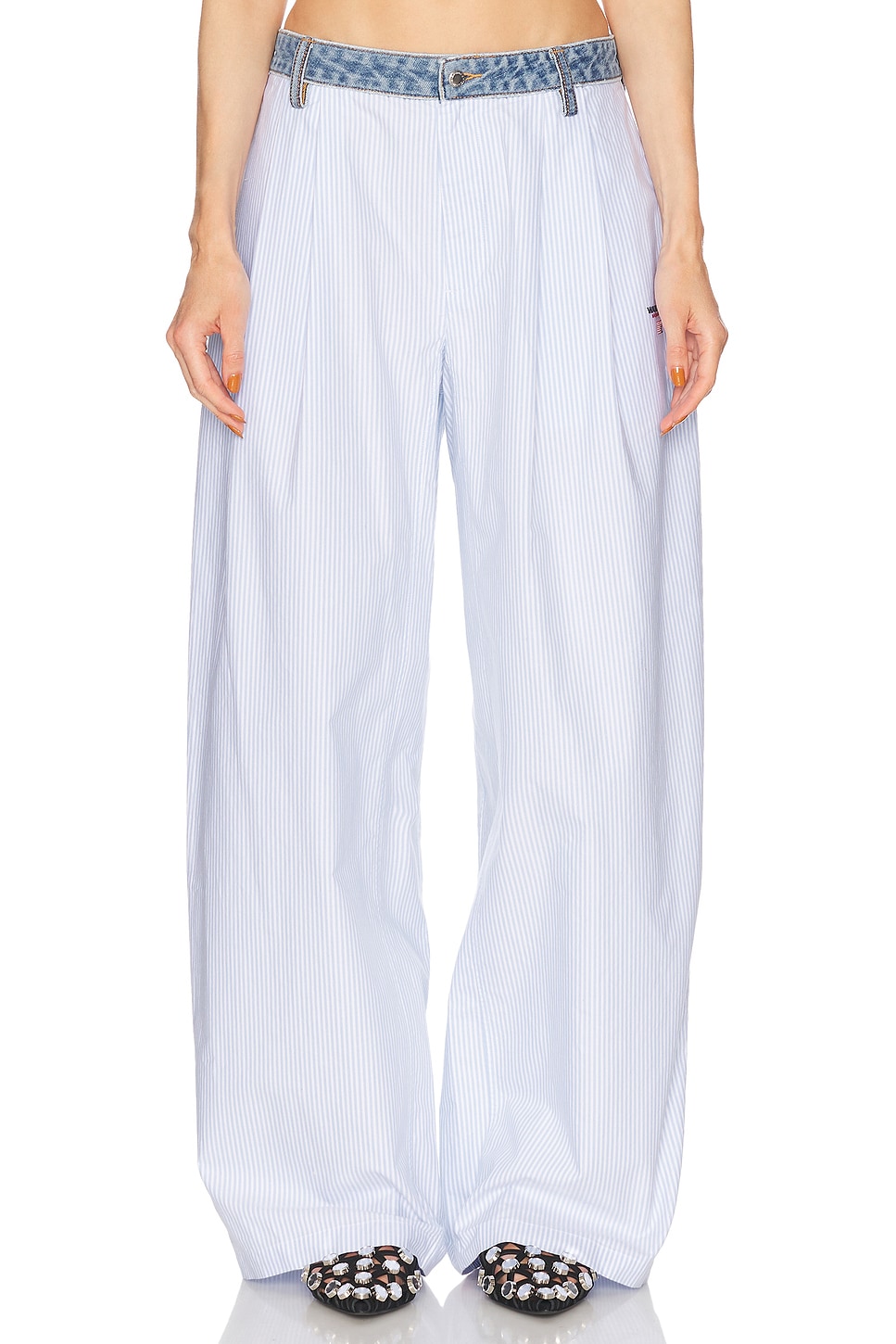 Alexander Wang Denim Waistband Pant In Oxford Blue & White