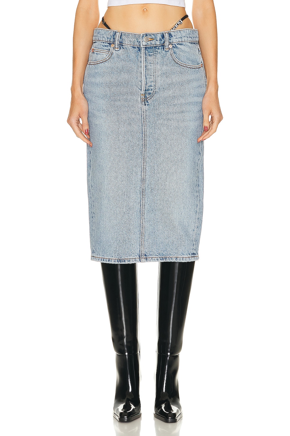 Image 1 of Alexander Wang Midi Skirt With Diamante Charm Thong Straps in Vintage Faded Indigo