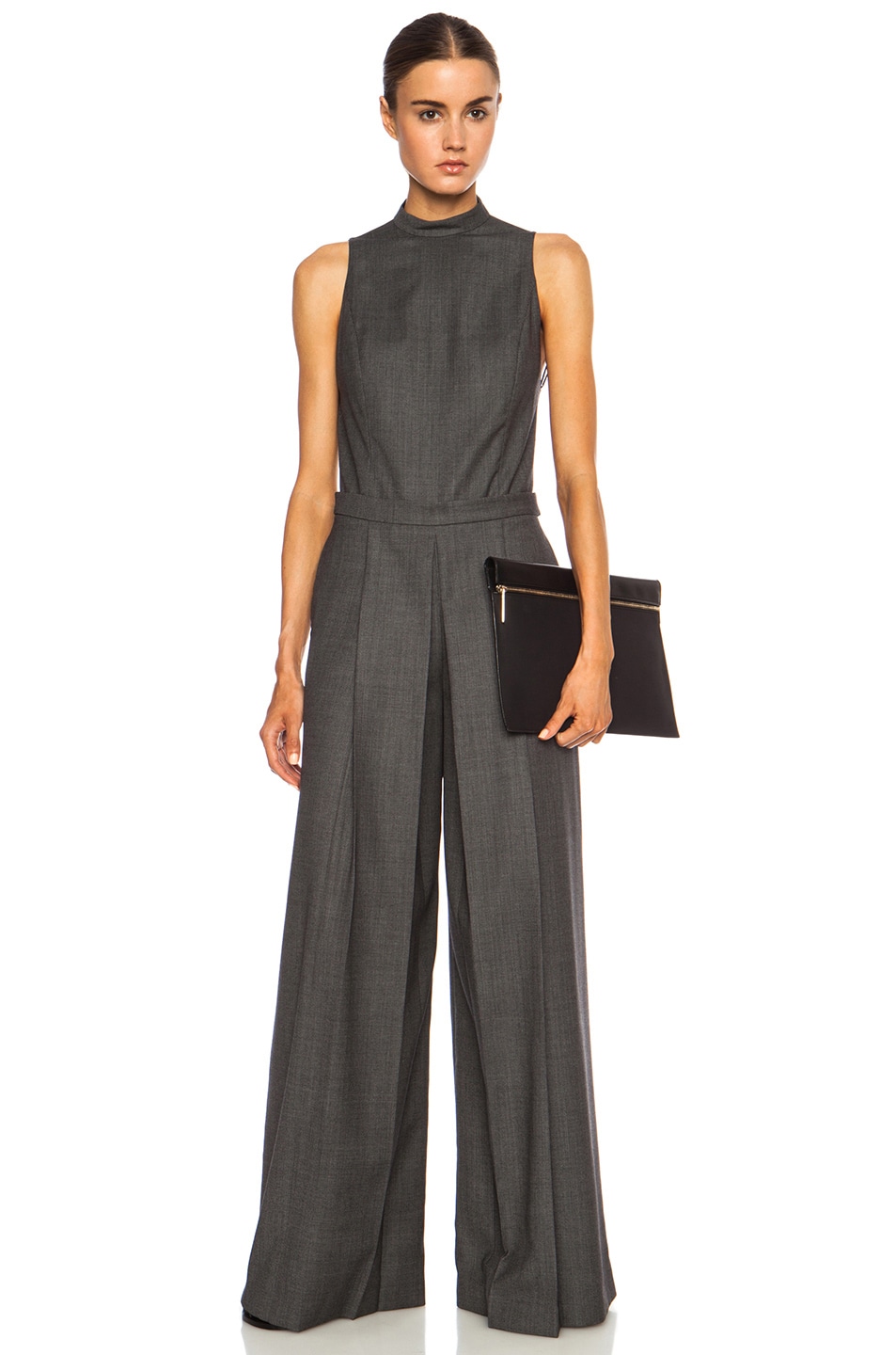 Image 1 of Alexander Wang Backless Wool Romper with Boxpleat Leg in Black & White