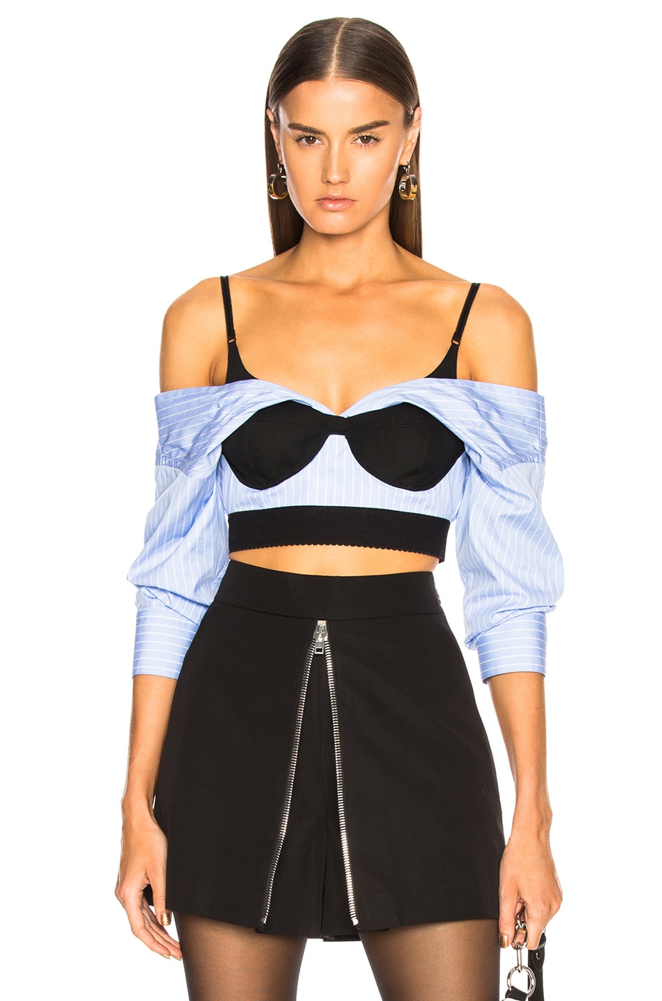 Image 1 of Alexander Wang Off Shoulder Cropped Shirt with Bra in Oxford