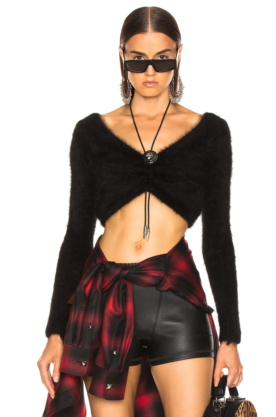 Image 1 of Alexander Wang Cropped Bolo Tie Shirt in Black