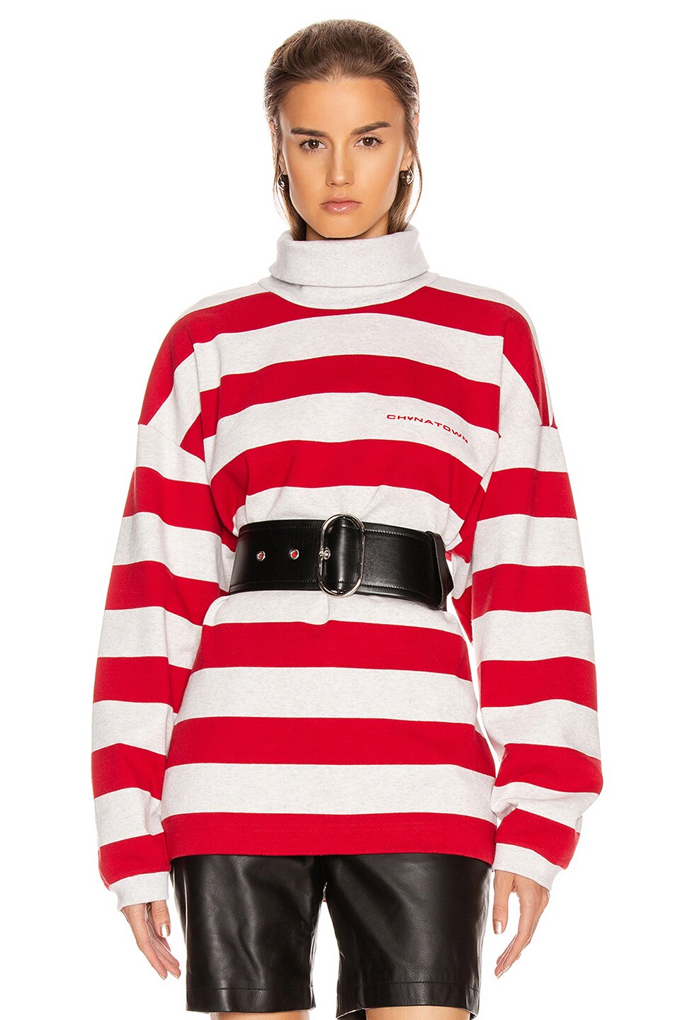 Image 1 of Alexander Wang Chynatown Striped Mock Neck Tee in Red & Grey