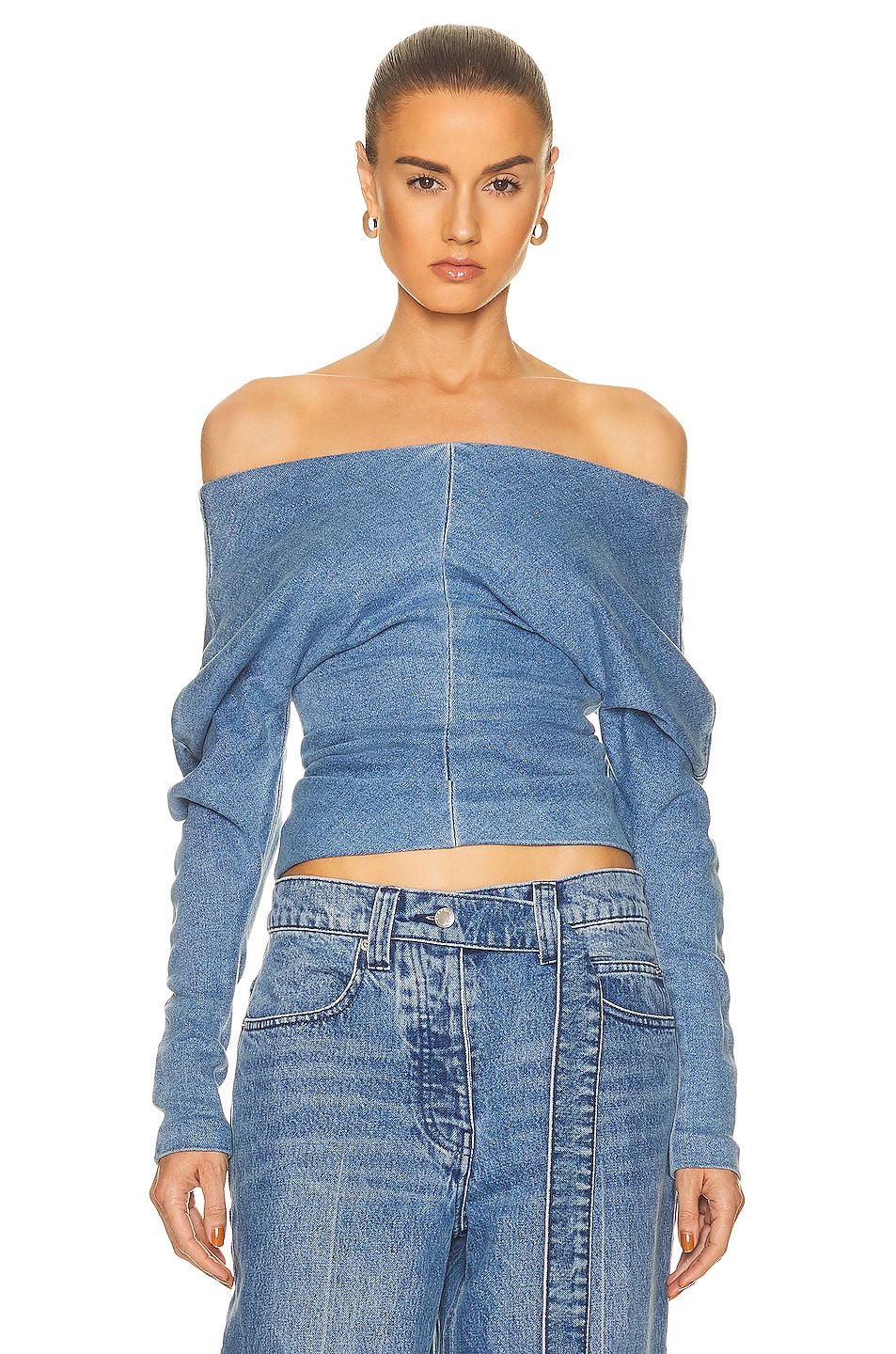 Image 1 of Alexander Wang Side Draped Off the Shoulder Top in Medium Marbled Blue