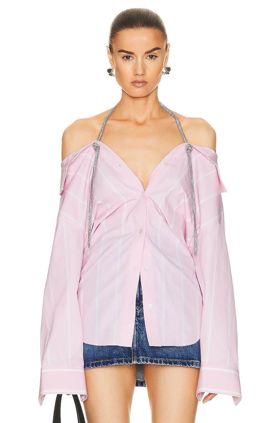 Image 1 of Alexander Wang Crystal Off the Shoulder Shirt in Light Pink & White