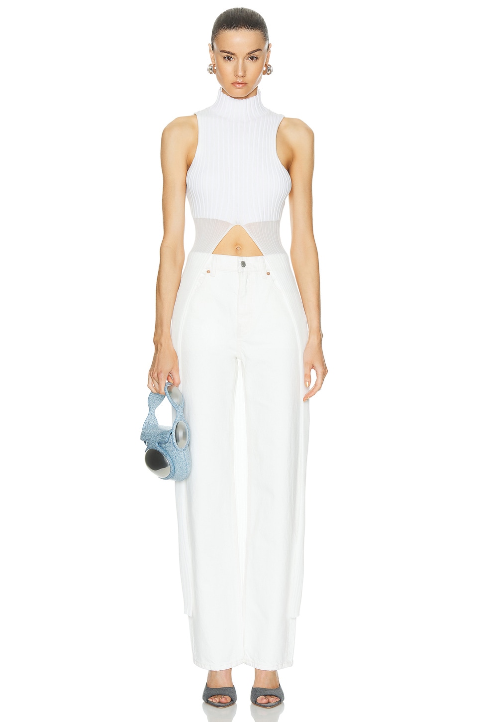 Image 1 of Alexander Wang Ribbed Mock Neck Top With Sheer Cutaway in White