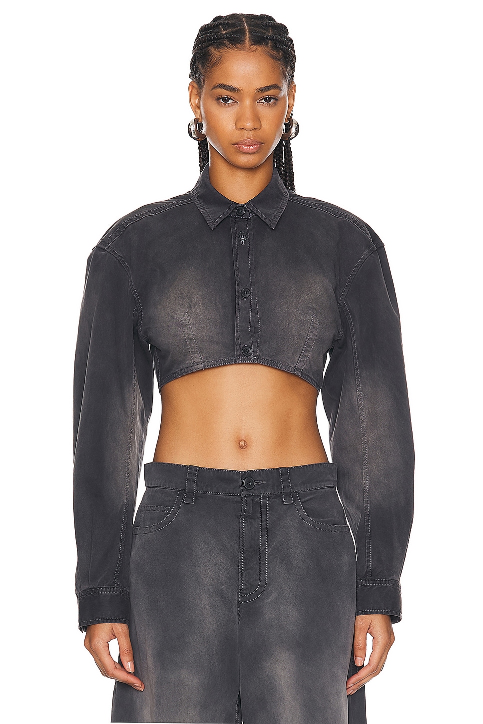 Image 1 of Alexander Wang Long Sleeve Cropped Top With Dart Detailing in Washed Black Pearl
