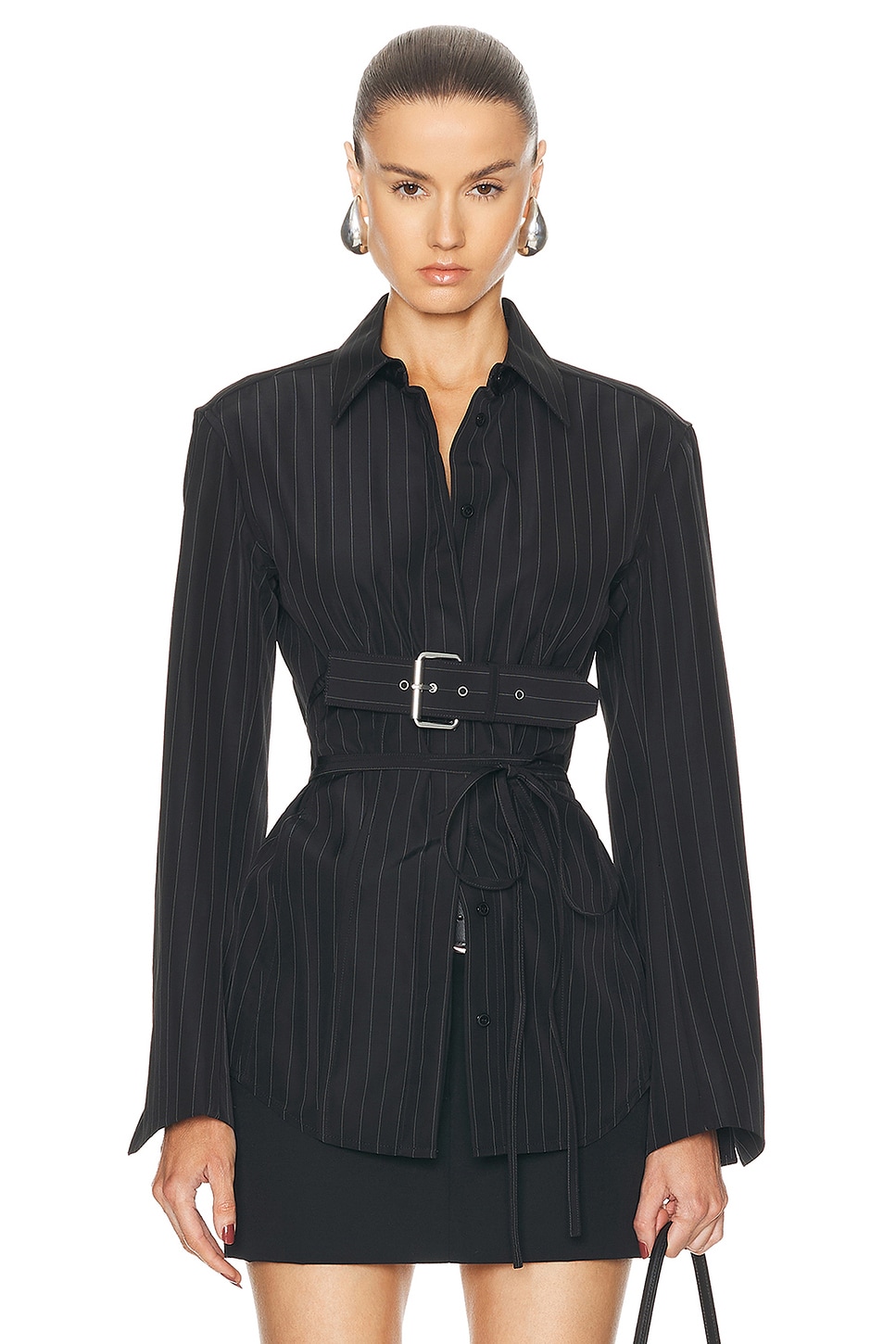 Image 1 of Alexander Wang Long Sleeve Top With Back Slit And Belt in Black & White