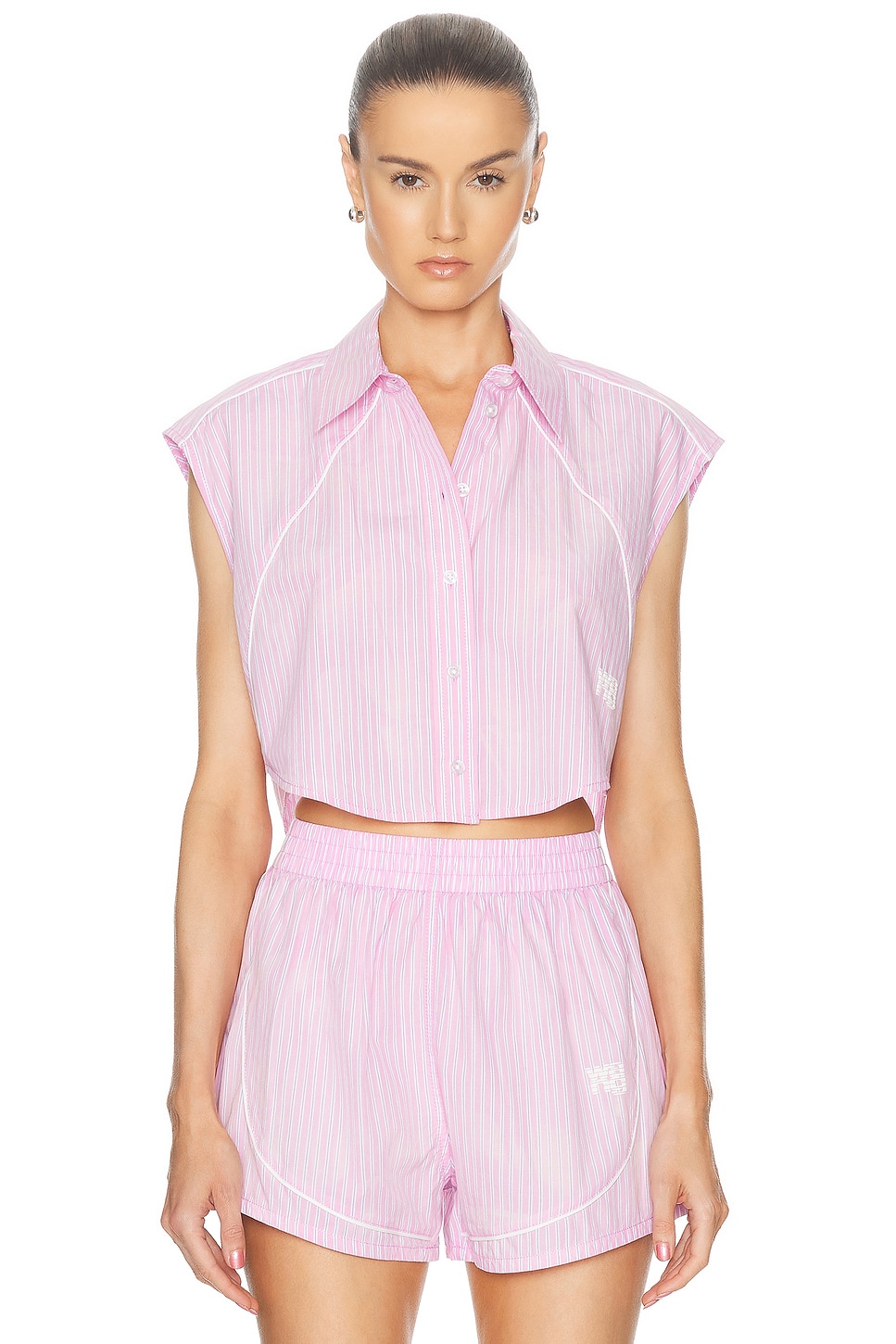 Image 1 of Alexander Wang Cropped Sleeveless Button Down Top in Pink Stripe