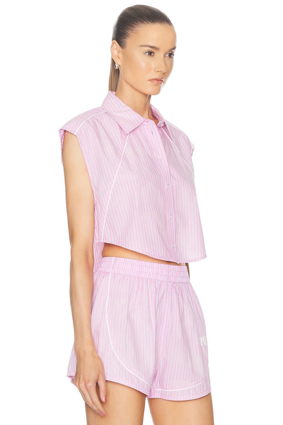 Shop Alexander Wang Cropped Sleeveless Button Down Top In Pink Stripe