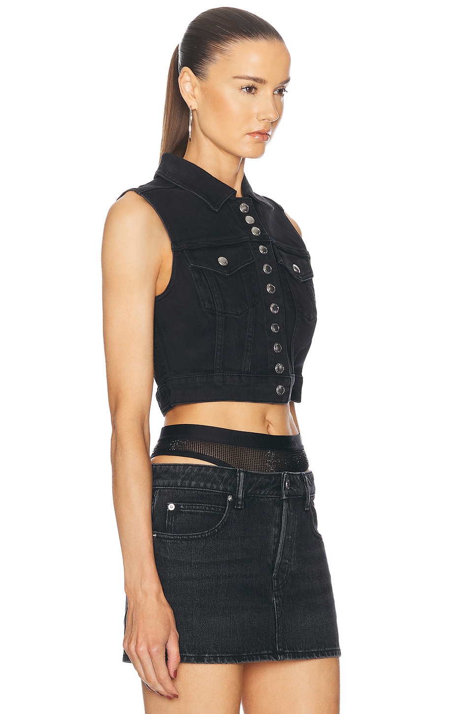 Shop Alexander Wang Snap Front Trucker Vest Top In Washed Black