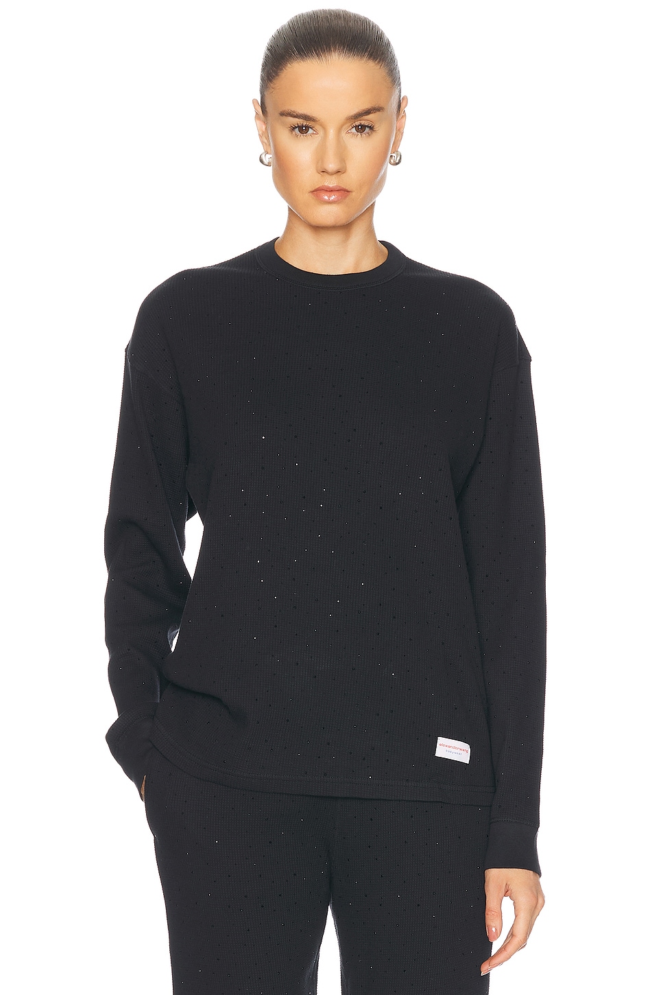 Crystal Hotfix Waffle Crew Neck Long Sleeve Top in Black