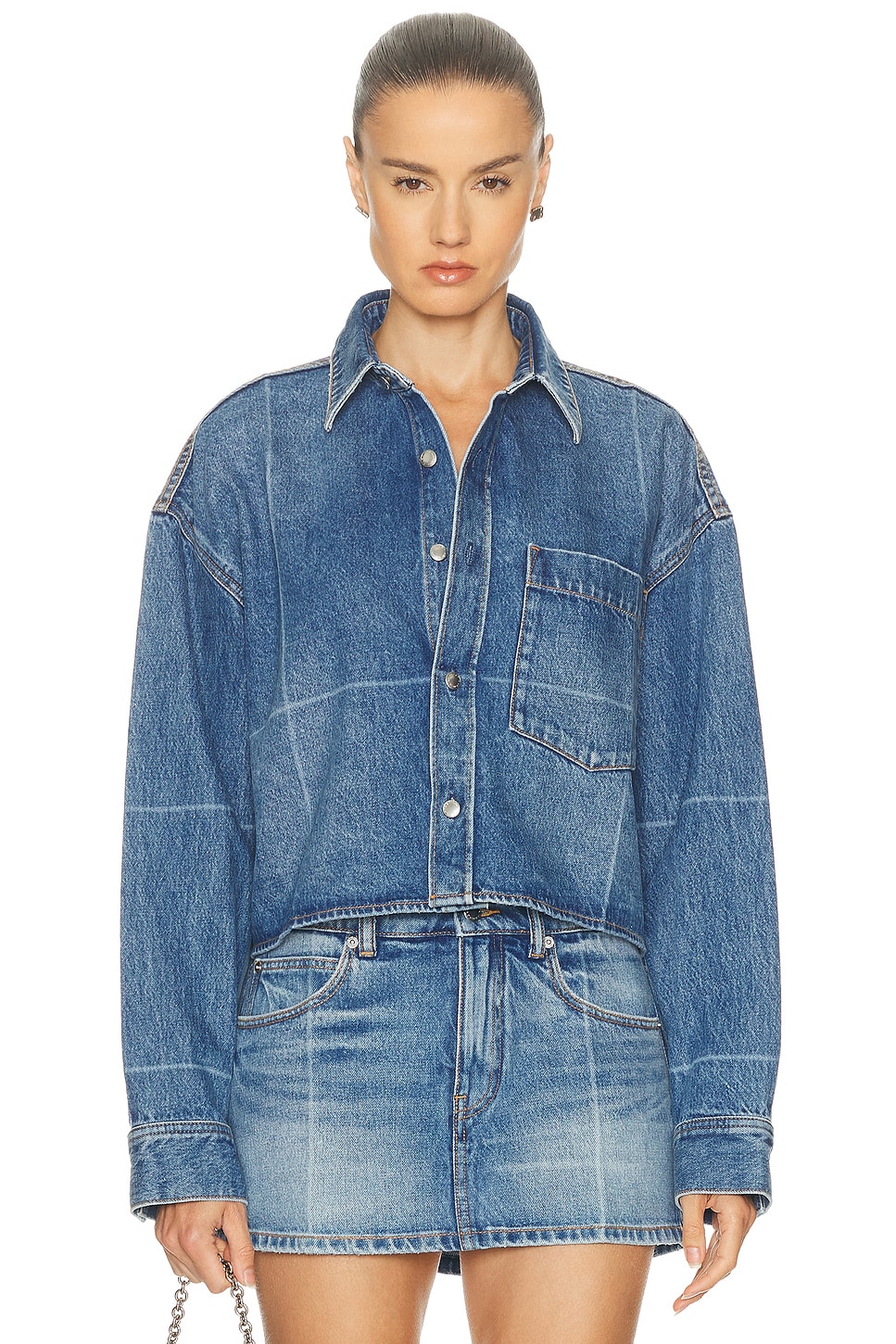 Image 1 of Alexander Wang Cropped Button Down Shirt in Vintage Marbled Blue