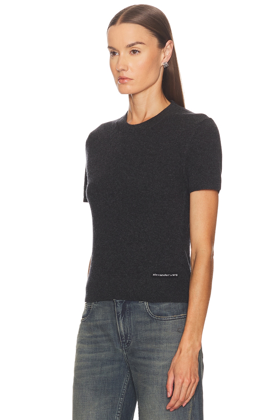 Alexander Wang Short Sleeve Crewneck Knit Logo Tee In Gray