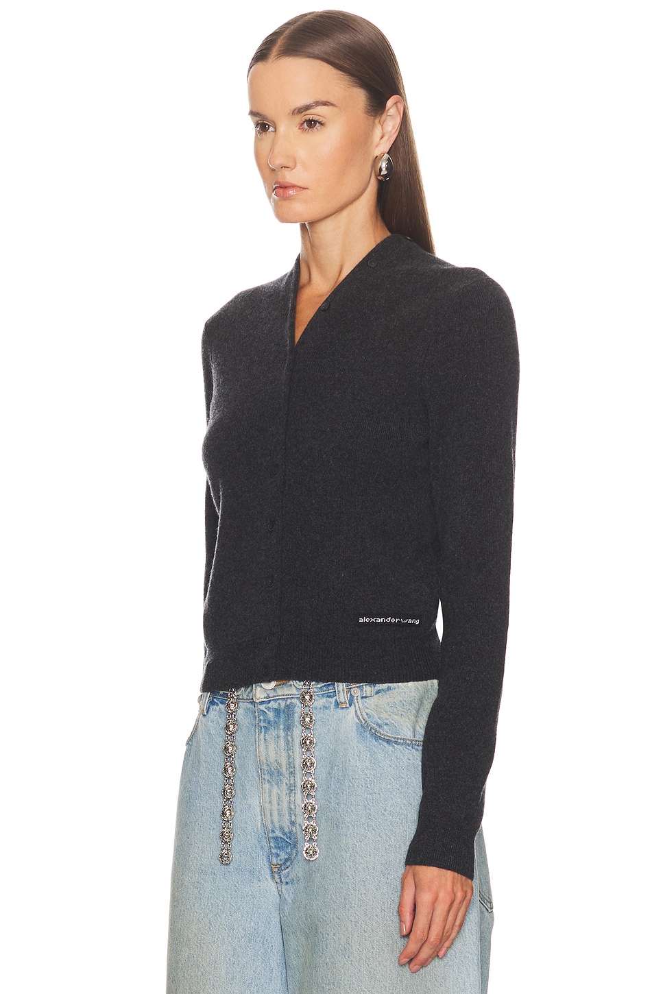 Alexander Wang Long Sleeve High Neck Button Up Logo Cardigan In Black
