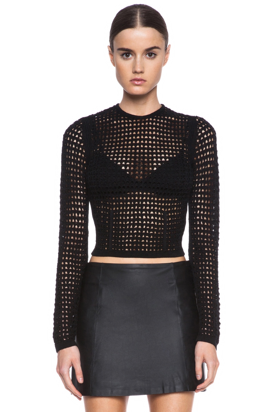 Image 1 of Alexander Wang Fitted Crochet Knit Pullover in Liquorice