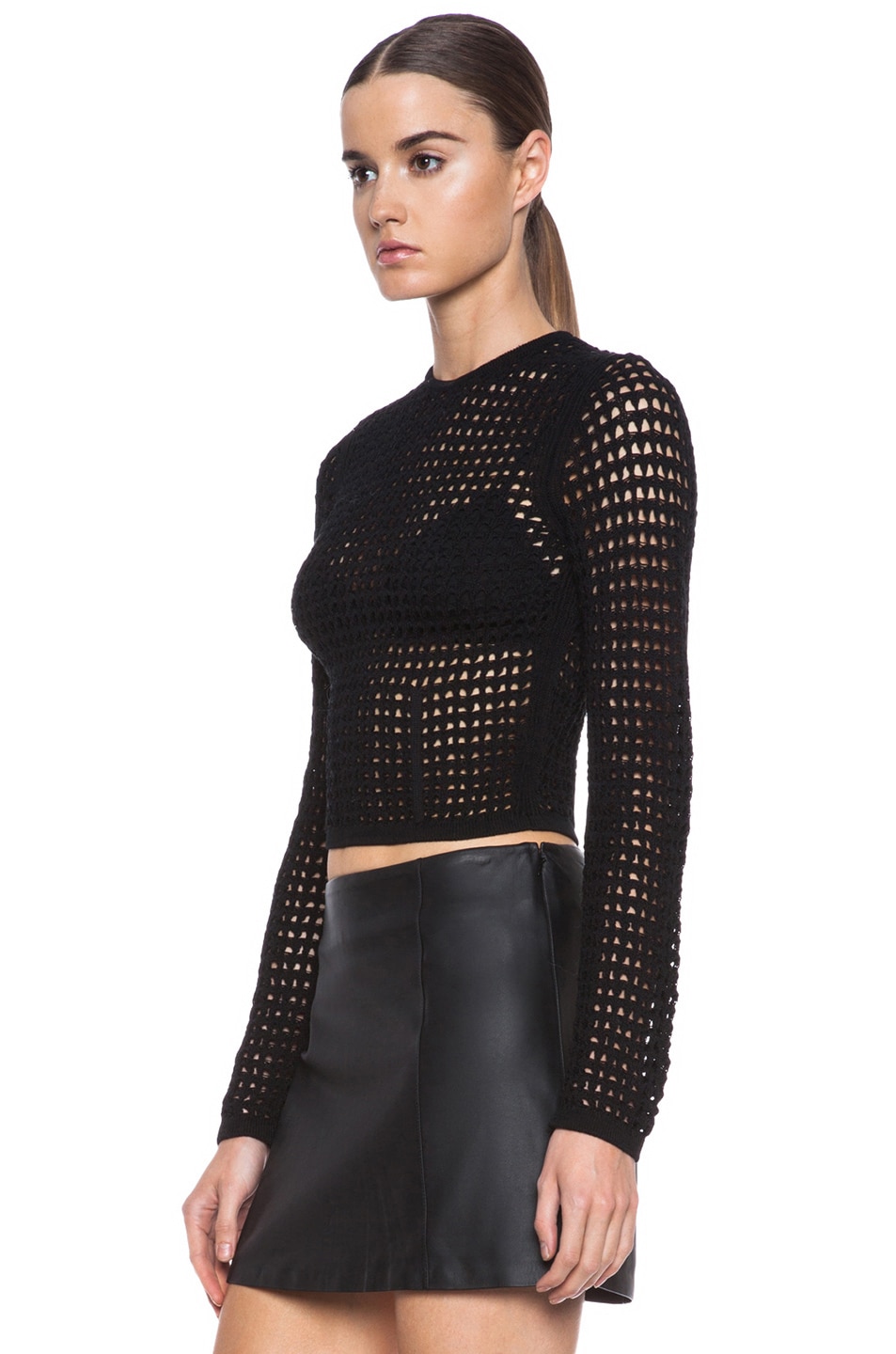 Alexander Wang Fitted Crochet Knit Pullover in Liquorice | FWRD