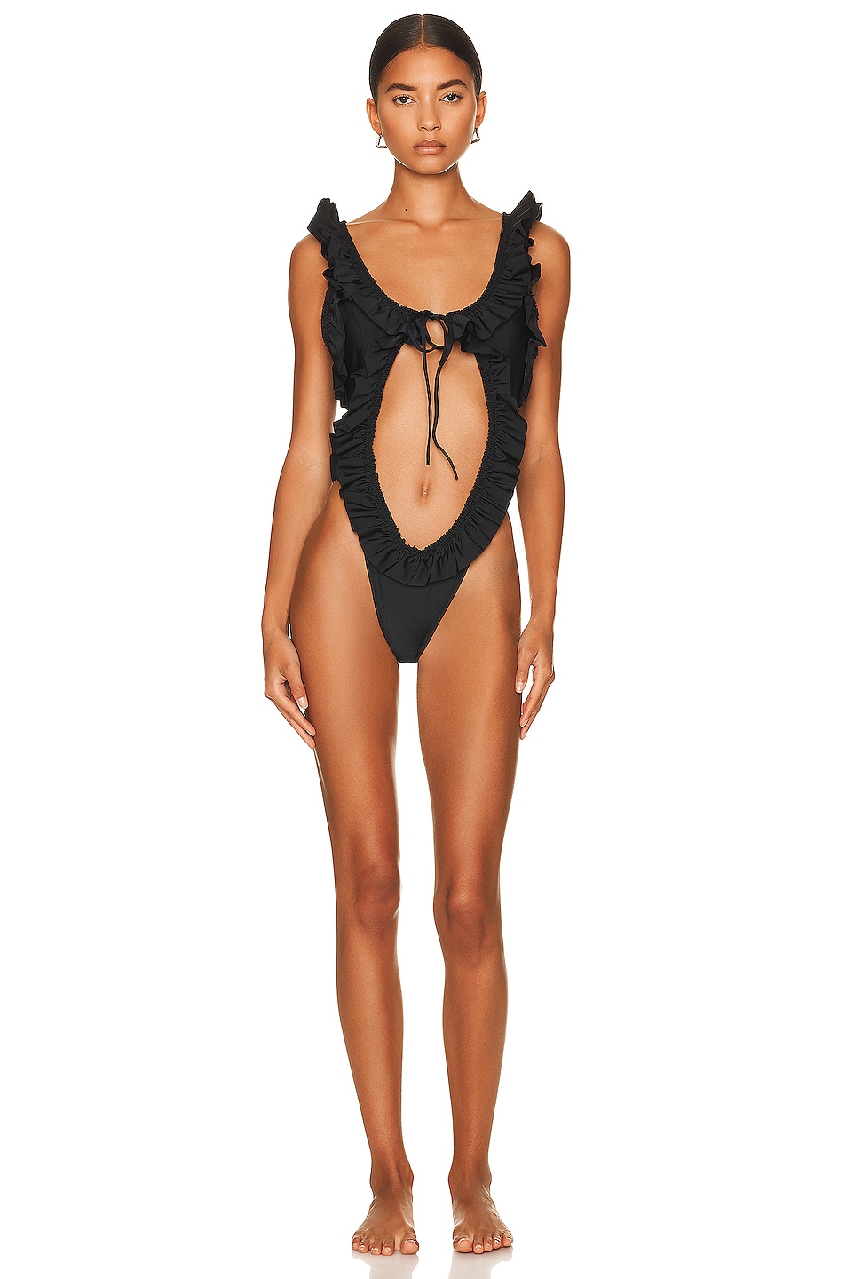 Image 1 of Alexander Wang Front Tie Ruffle Swimsuit in Black