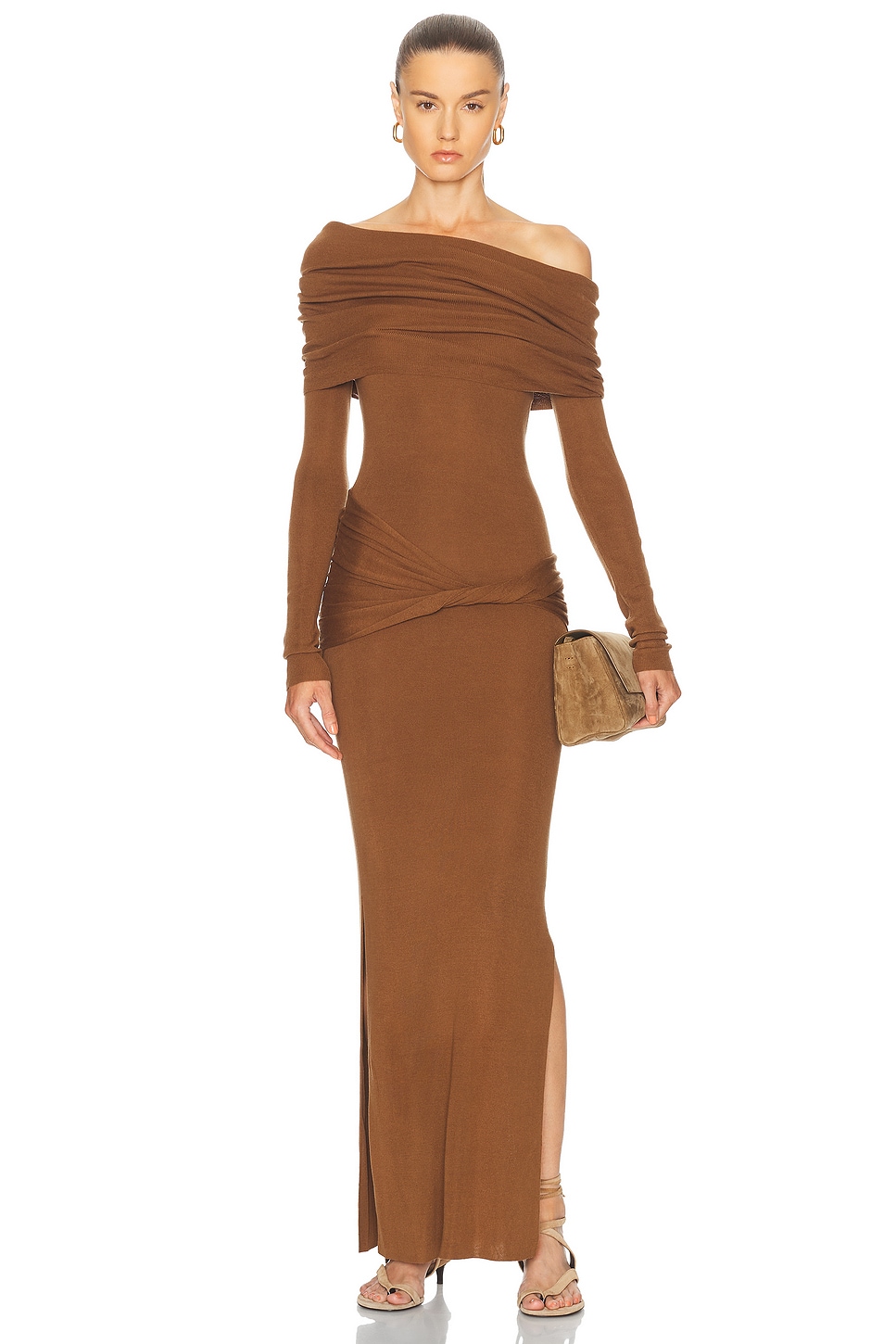 Off Shoulder Maxi Dress in Brown