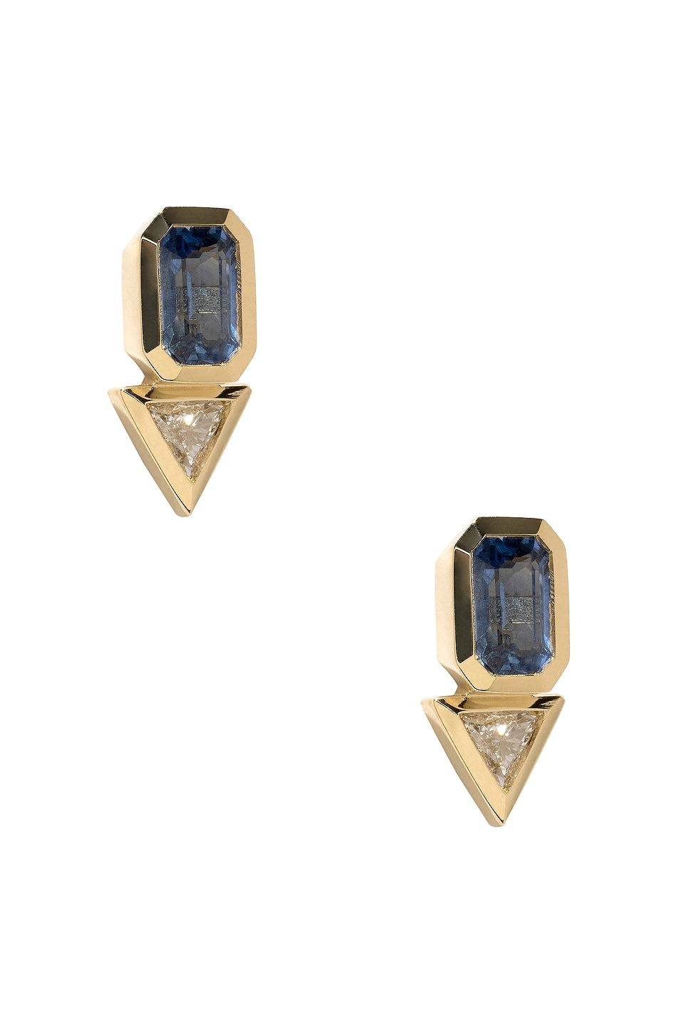 Sapphire & Trillion Diamond Stud Earrings in Metallic Gold