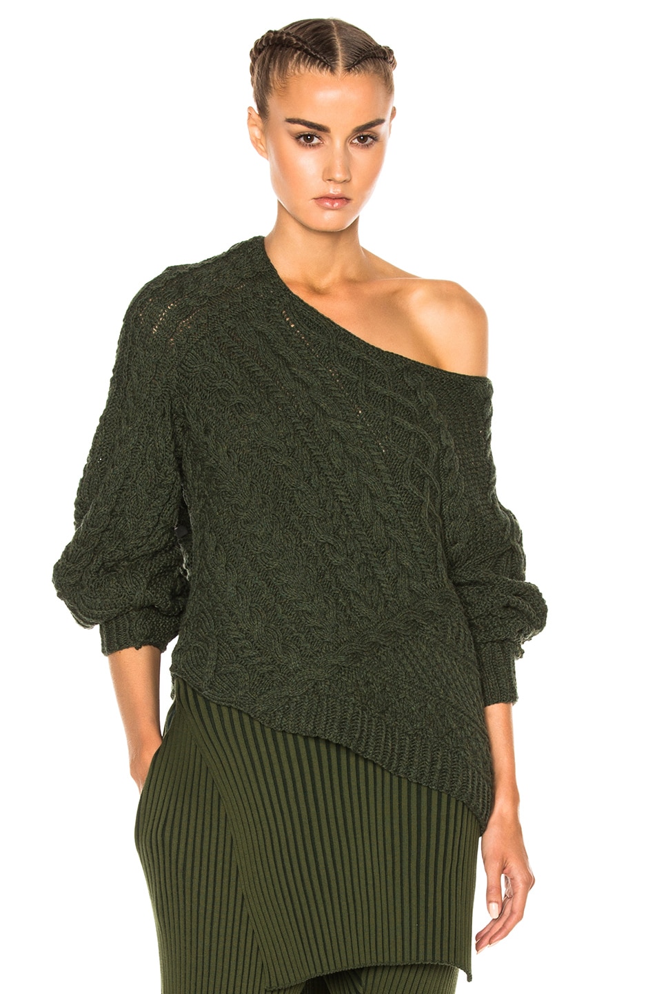 Image 1 of Baja East Wool Cashmere Cable Sweater in Olive