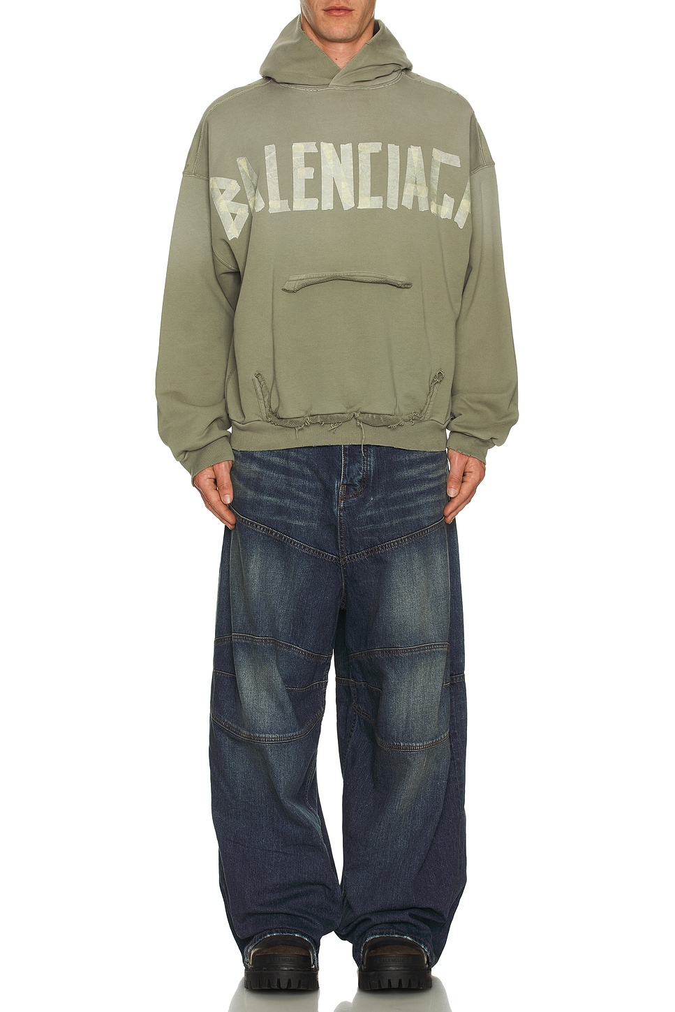 Image 1 of Balenciaga Ripped Pocket Hoodie in Army Green