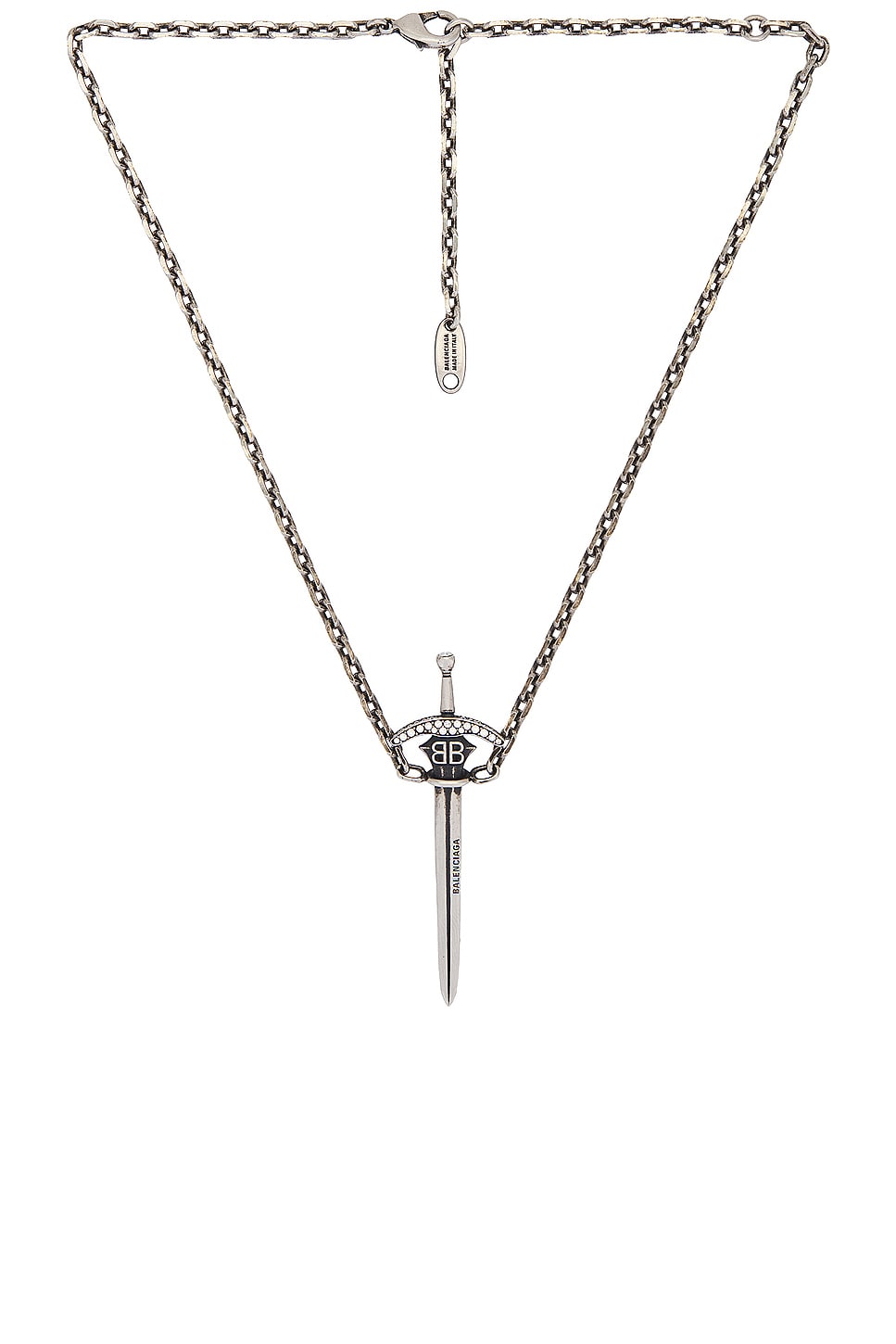 Image 1 of Balenciaga Goth Sword Necklace in Antique Silver & Crystal