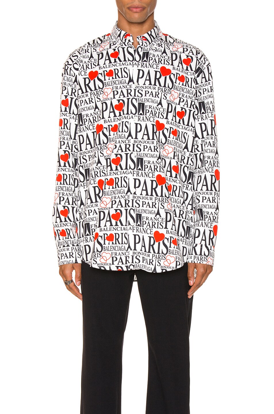 Image 1 of Balenciaga Paris Bonjour Long Sleeve Shirt in White & Black & Red