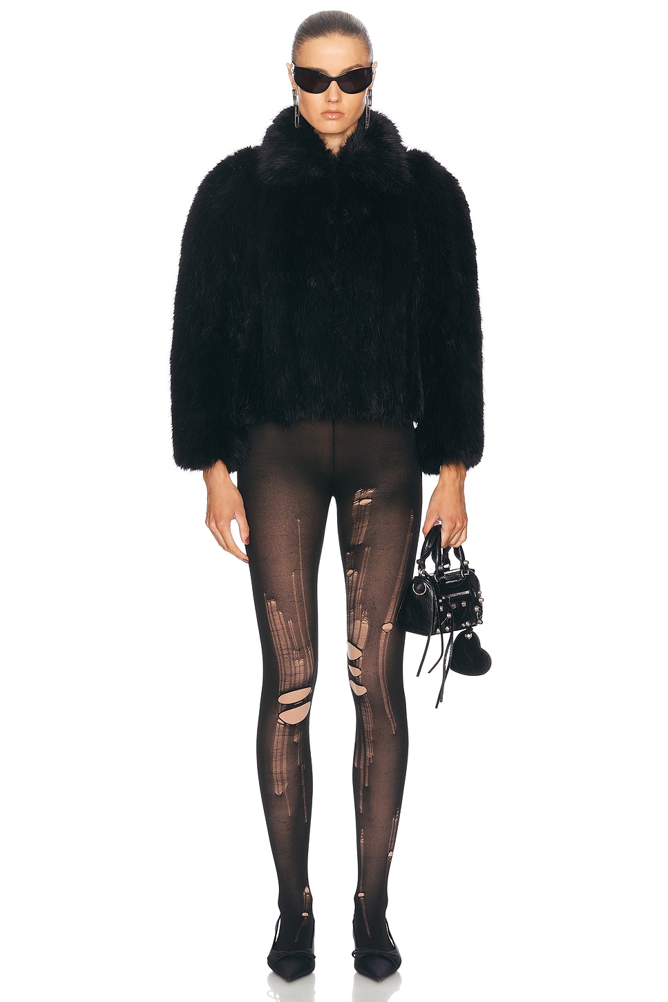 Shop Balenciaga Destroyed Tights In Black & Light Beige