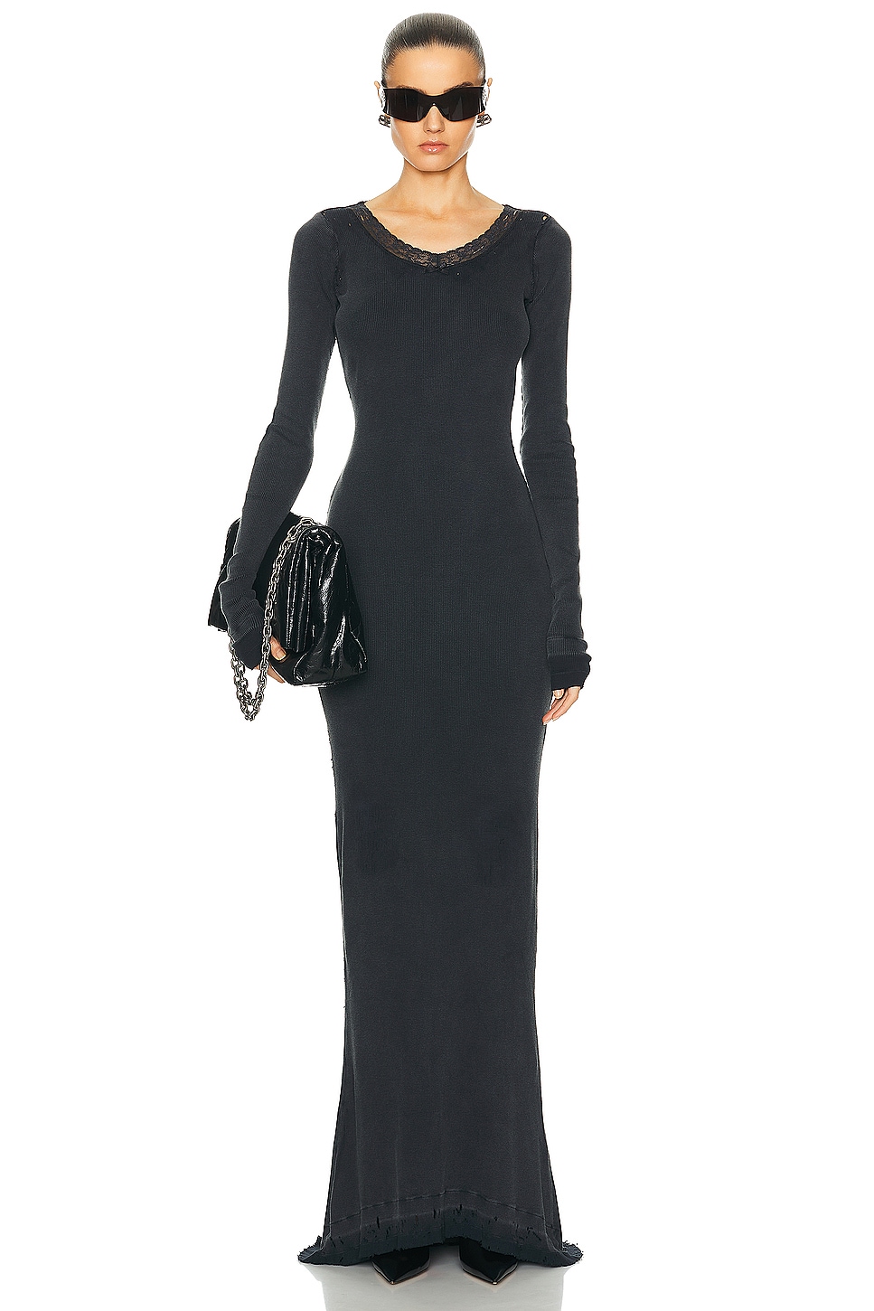 Image 1 of Balenciaga Long Sleeve Lingery Maxi Dress in Washed Black