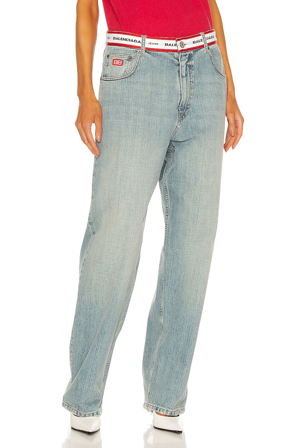 Image 1 of Balenciaga Logo Waistband Jean in Blue & White Stripe