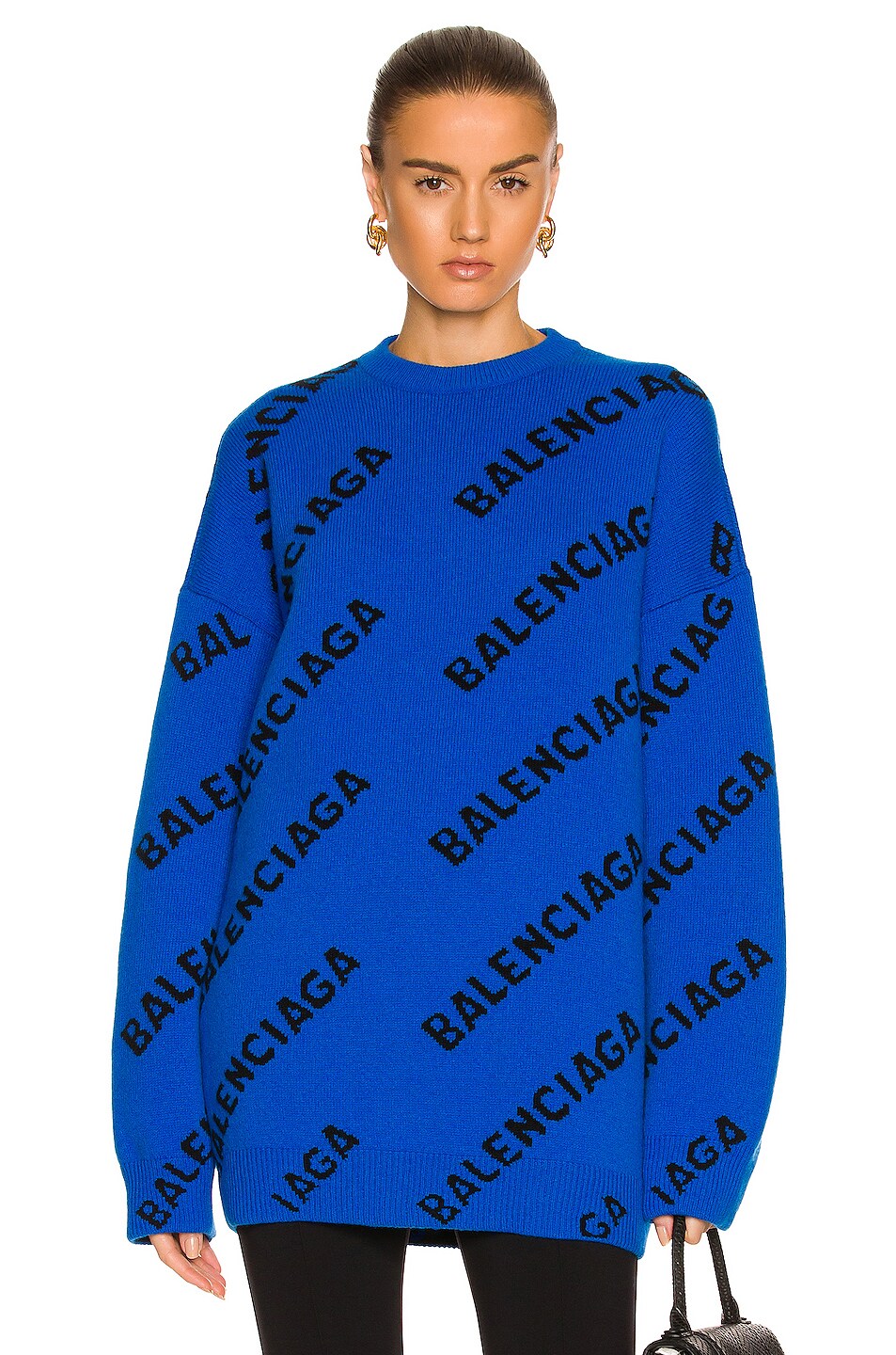 Image 1 of Balenciaga All Over Logo Crewneck Sweater in Blue & Black