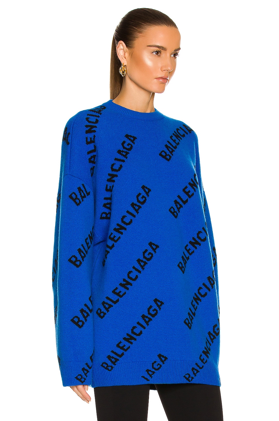 Balenciaga All Over Logo Crewneck Sweater in Blue & Black | FWRD