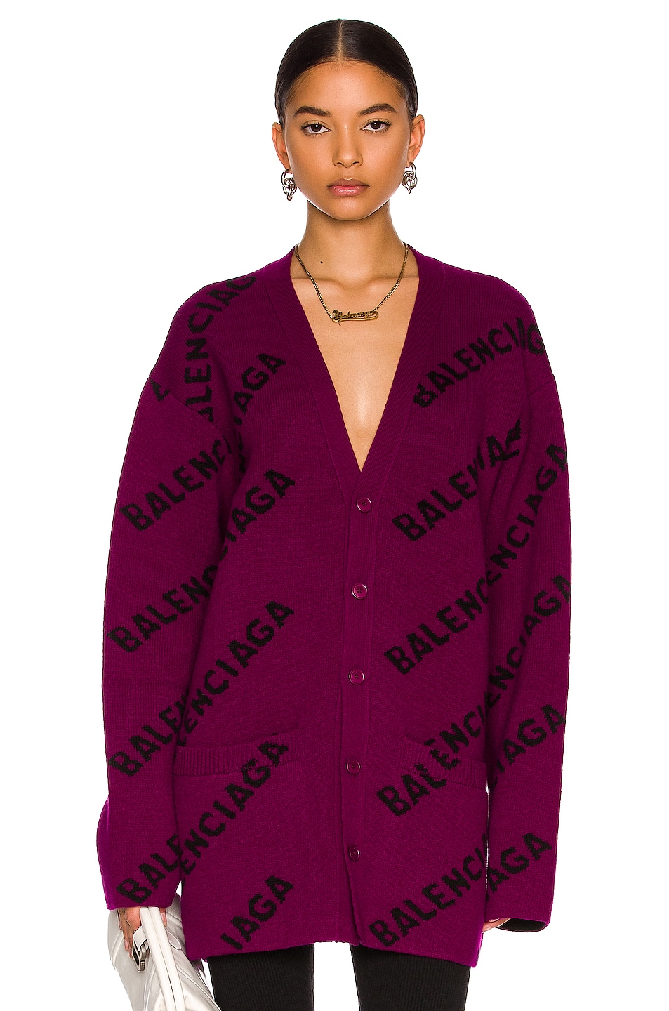 Image 1 of Balenciaga Long Sleeve Logo Cardigan in Purple & Black