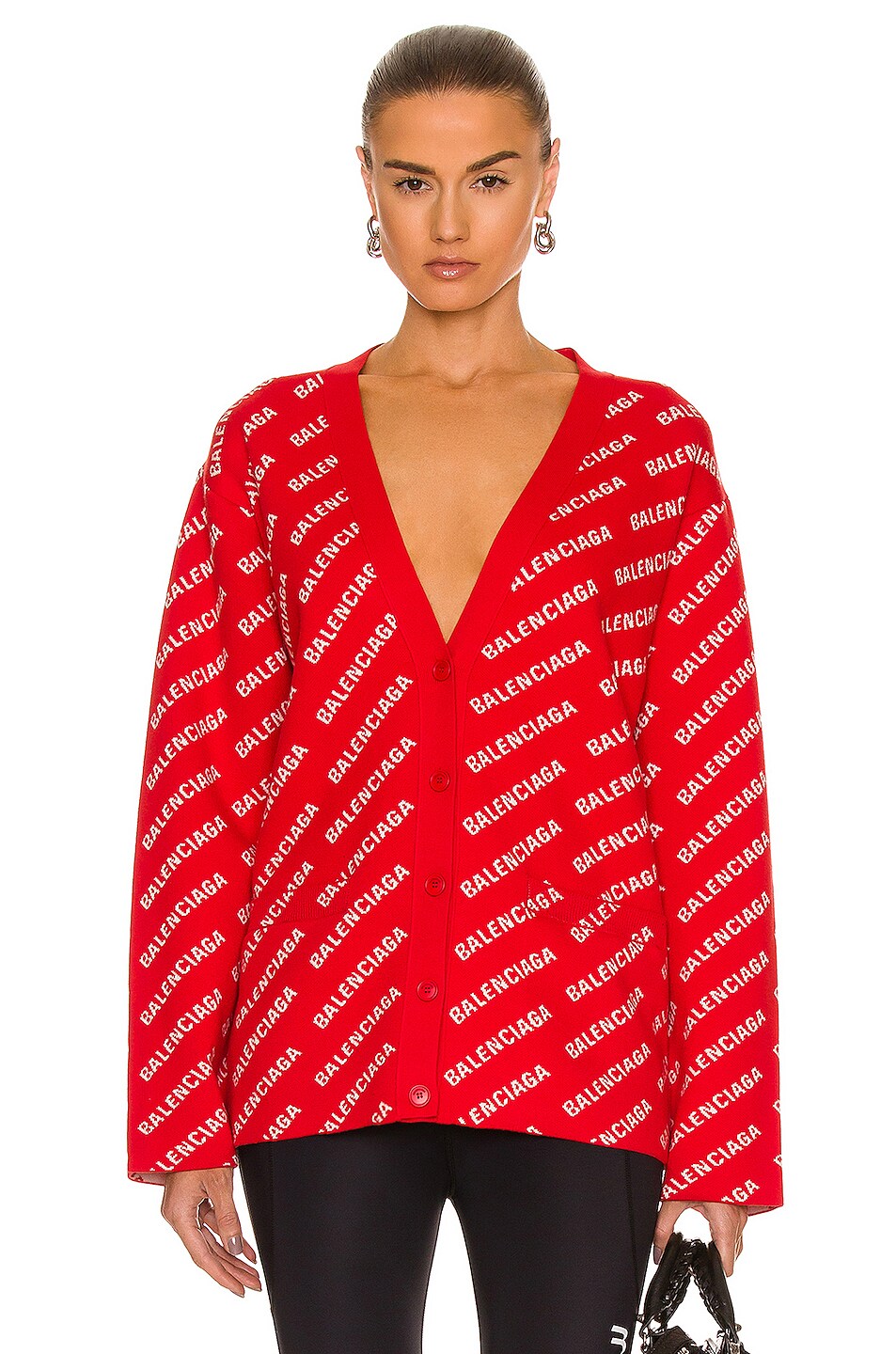 Image 1 of Balenciaga All Over Logo Cardigan in Red & White
