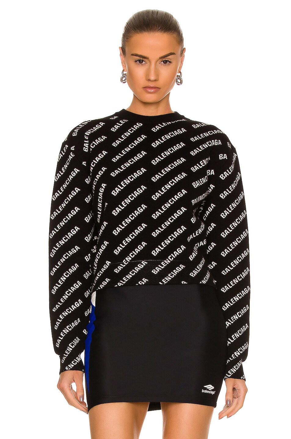 Image 1 of Balenciaga Long Sleeve All Over Logo Crewneck Sweater in Black & White