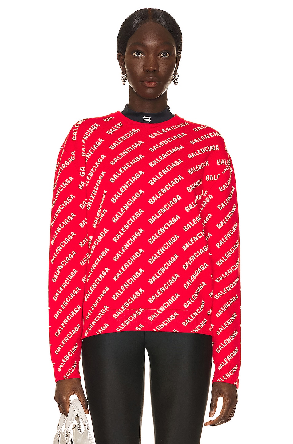 Image 1 of Balenciaga All Over Logo Crewneck Sweater in Red & White