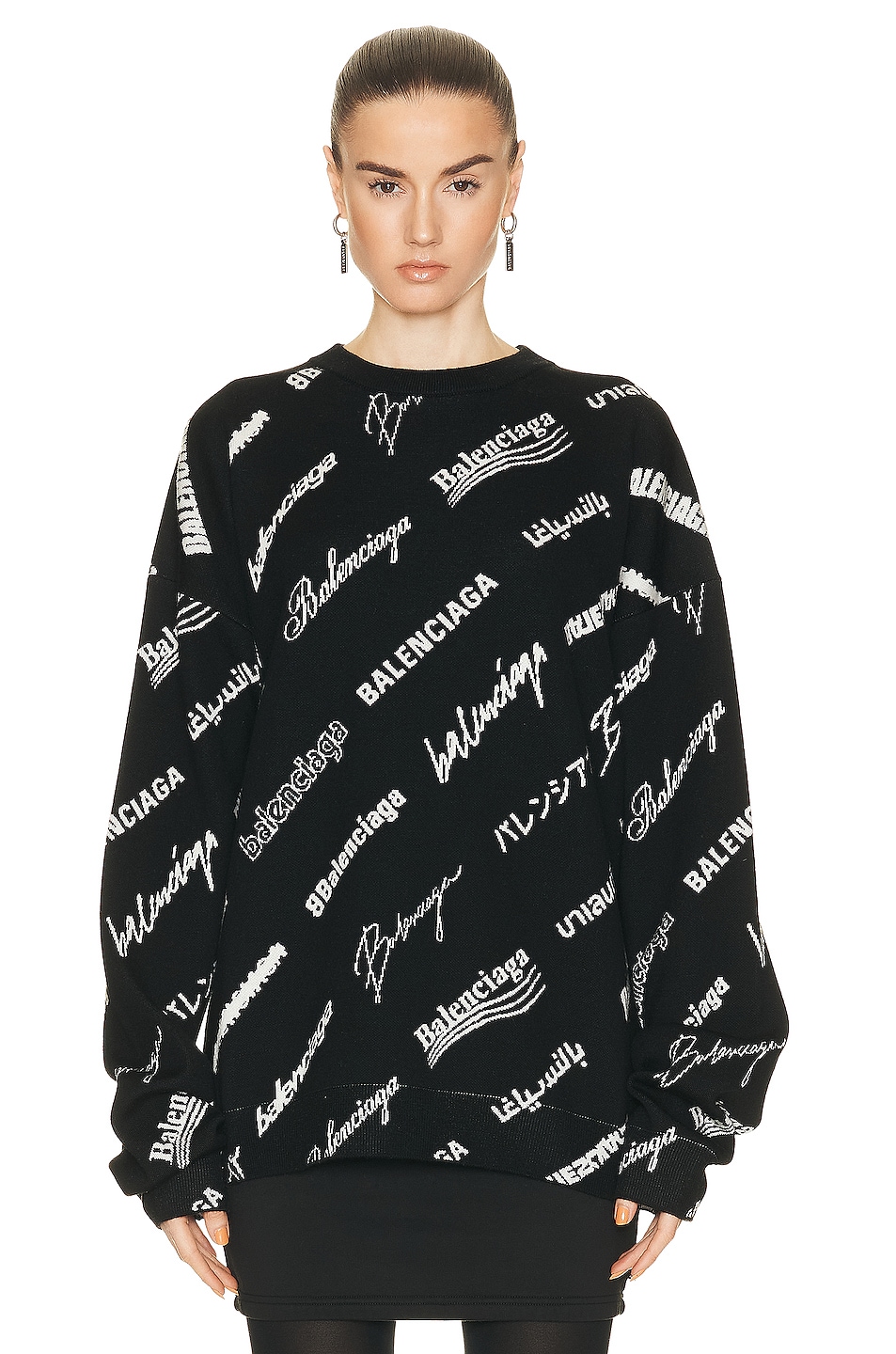 Image 1 of Balenciaga Lunar New Year All Over Logo Long Sleeve Crew Neck Sweater in Black & White