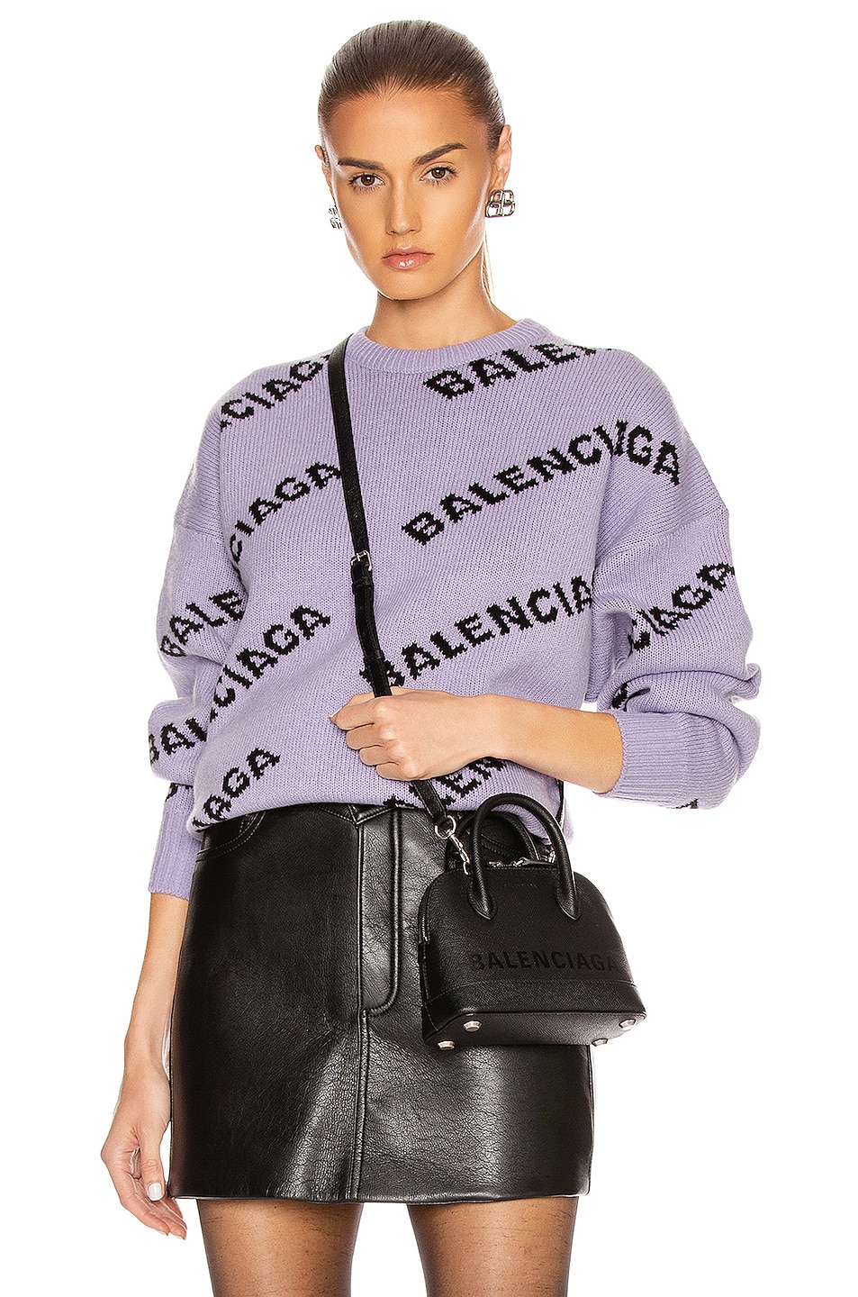 Image 1 of Balenciaga Logo Long Sleeve Crewneck Sweater in Lilac & Black