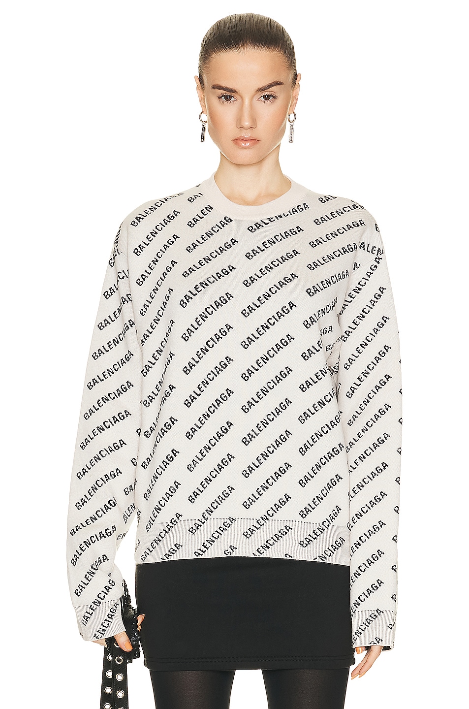 Image 1 of Balenciaga All Over Logo Knit Sweater in Chalky White & Black
