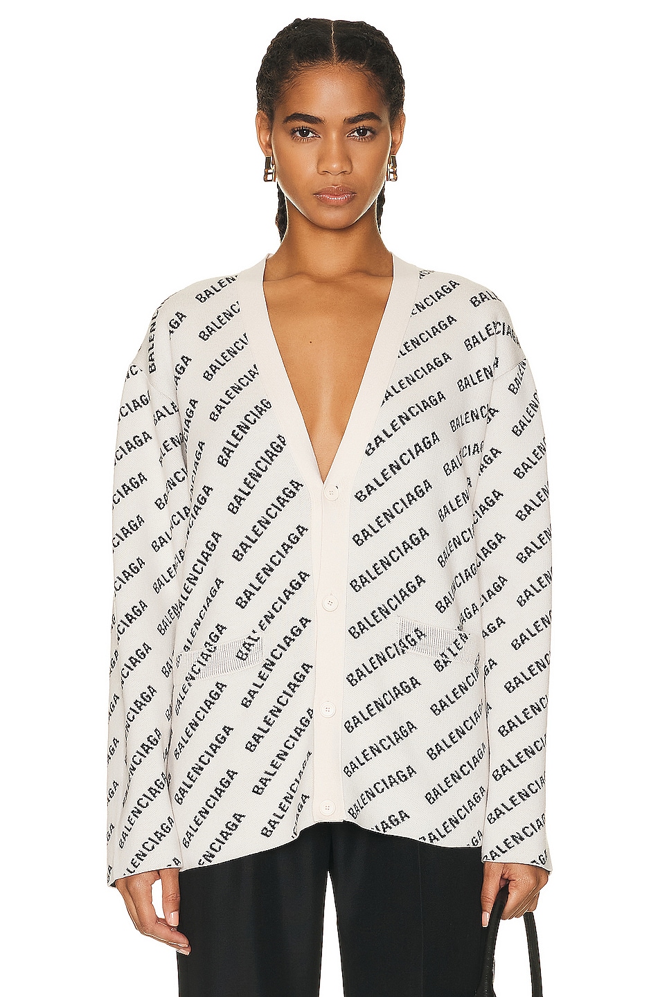 Image 1 of Balenciaga All Over Logo Knit Cardigan in Chalky White & Black