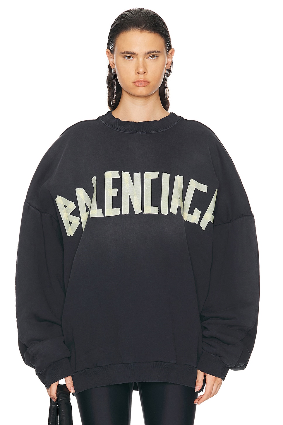 Image 1 of Balenciaga Double Front Crewneck Sweater in Washed Black & Faded Black